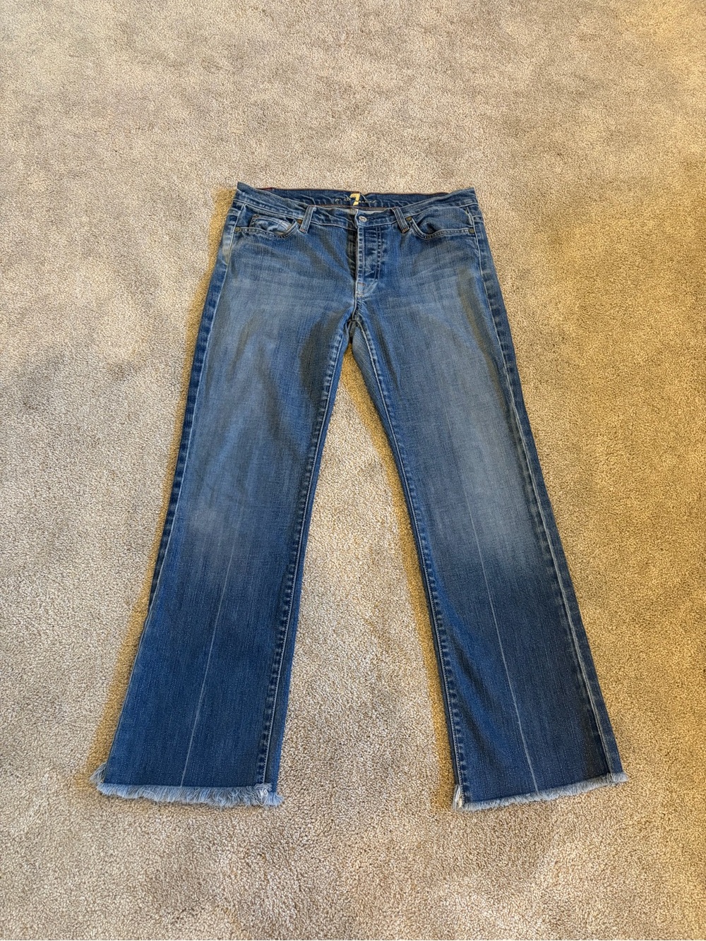 7 For All Mankind Blue Wide-Leg Jeans with Frayed Hem
